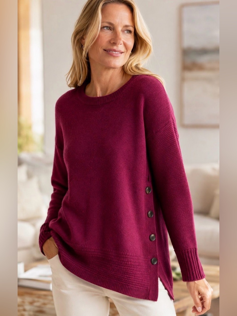 NWT Soft Surroundings Aisling Cashmere Magenta Sweater with Button Detail, sz M
